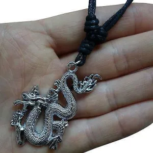 Chinese Dragon Pendant Chain Necklace Silver Tone Mens Womens Girls Boys Childs