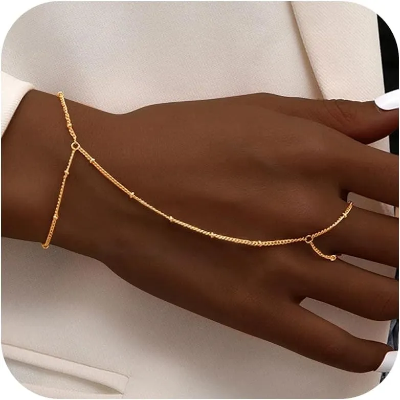 choice of all Gold Hand Chain Bracelet & Finger Ring - Rhinestone Hand Jewelry for Women, Trendy Stocking Stuffers