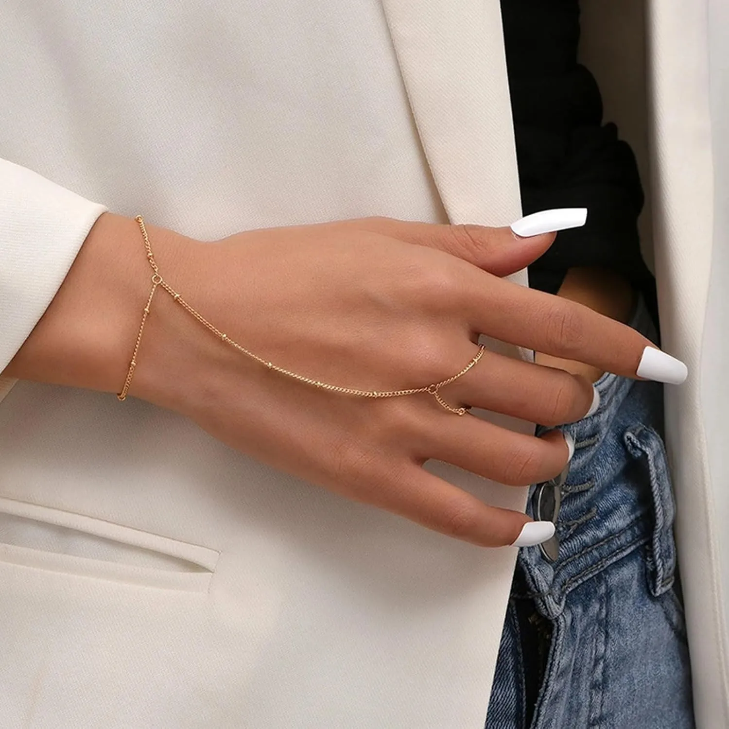 choice of all Gold Hand Chain Bracelet & Finger Ring - Rhinestone Hand Jewelry for Women, Trendy Stocking Stuffers