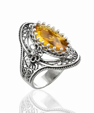 Citrine Gemstone Sterling Silver Women Statement Ring with Daisy Figures