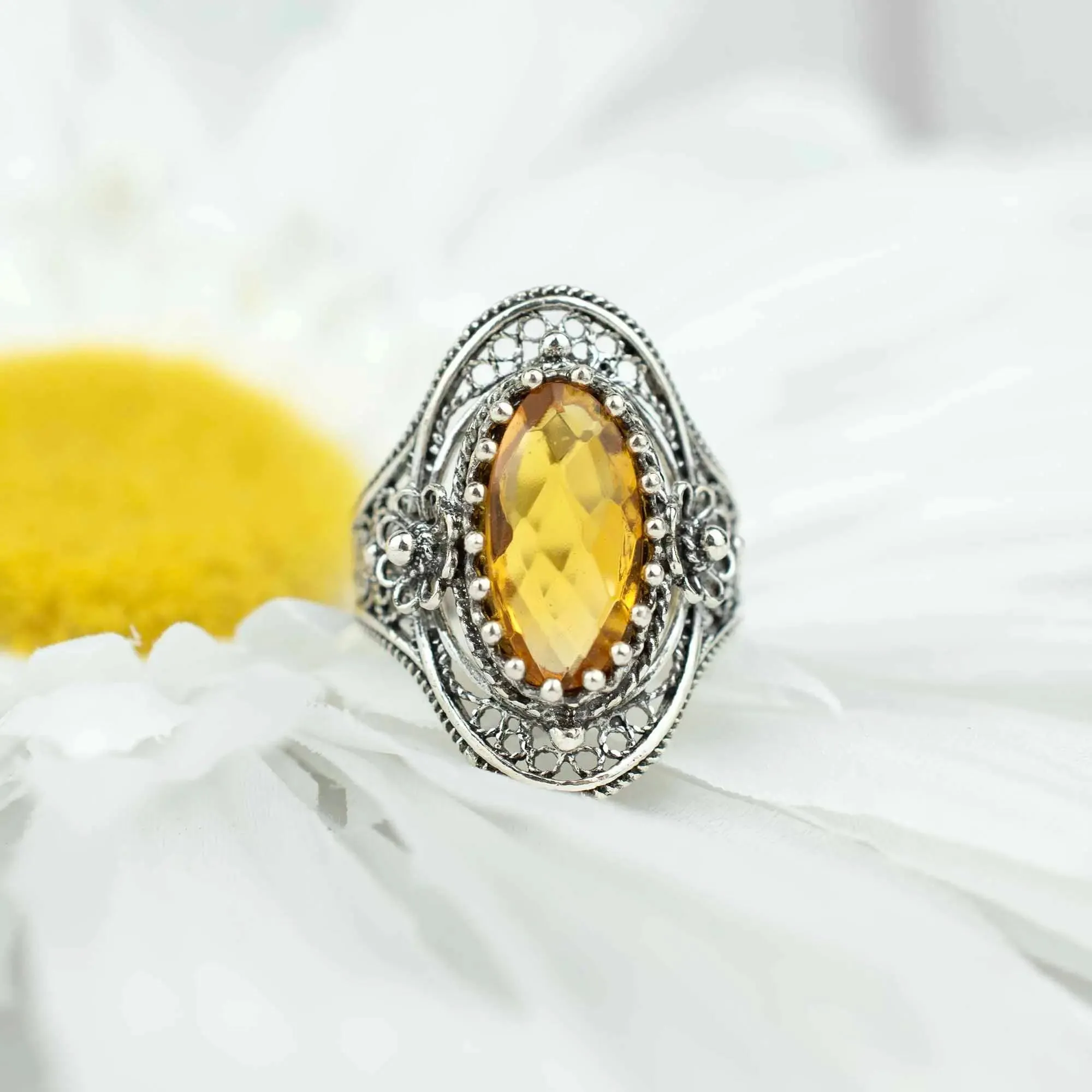 Citrine Gemstone Sterling Silver Women Statement Ring with Daisy Figures