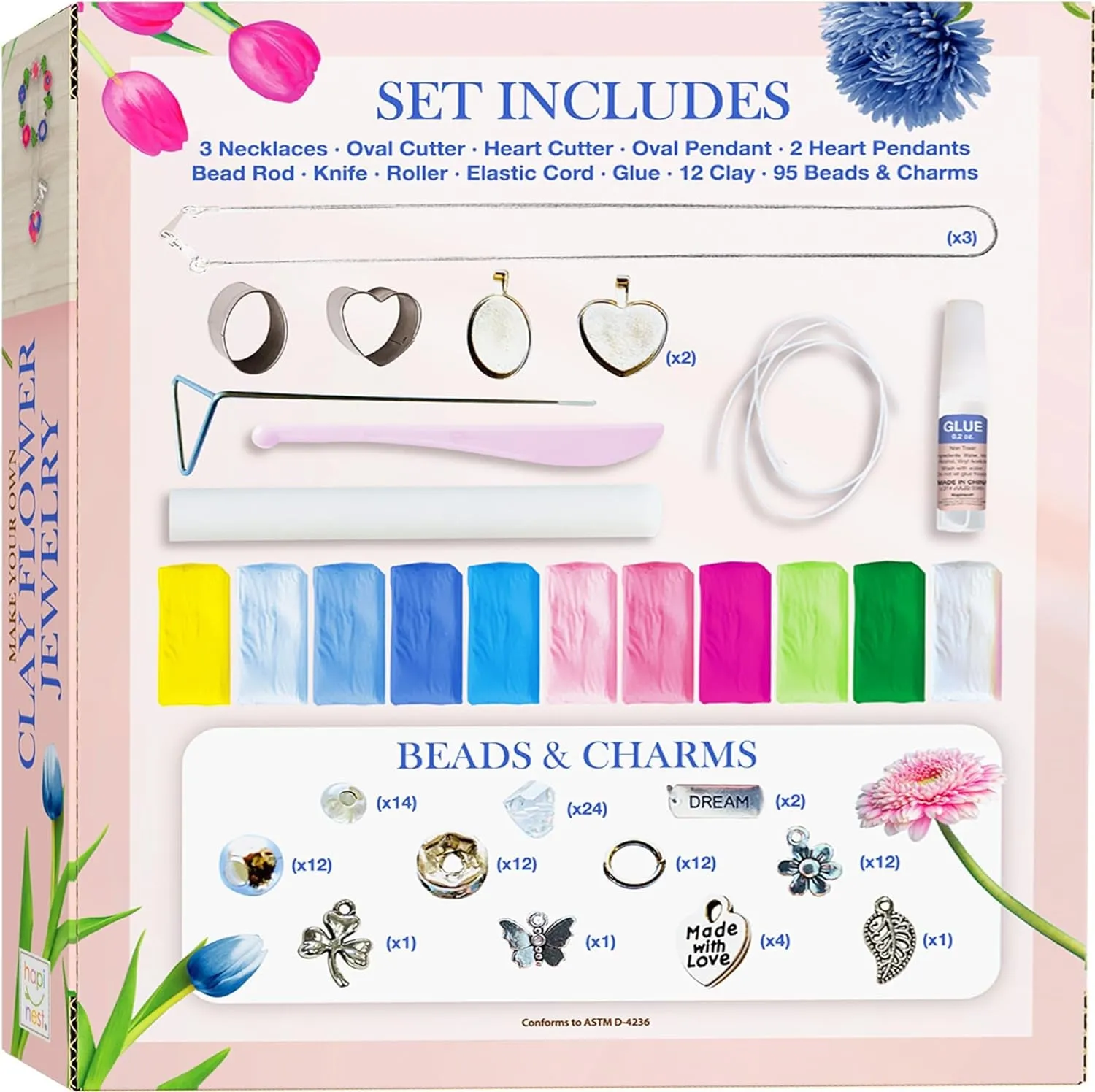 Clay Flower Jewelry Crafting Kit - 120 Pcs with Sculpting Tools, Beads, Charms, 11 Clay Colors - Create 3 Flower Friendship Bracelets and 3 Necklaces - Perfect Girls Gift Set