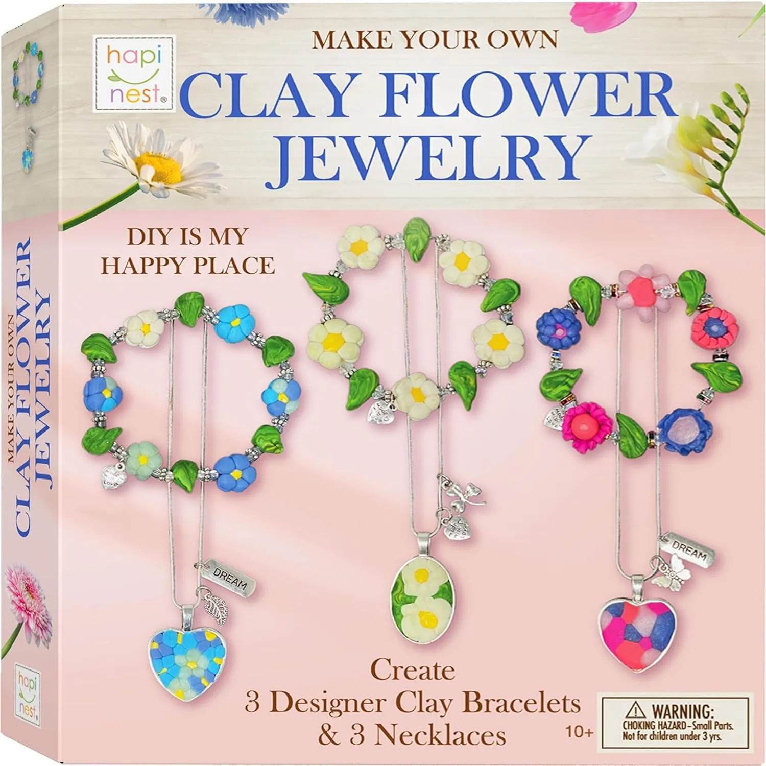 Clay Flower Jewelry Crafting Kit - 120 Pcs with Sculpting Tools, Beads, Charms, 11 Clay Colors - Create 3 Flower Friendship Bracelets and 3 Necklaces - Perfect Girls Gift Set