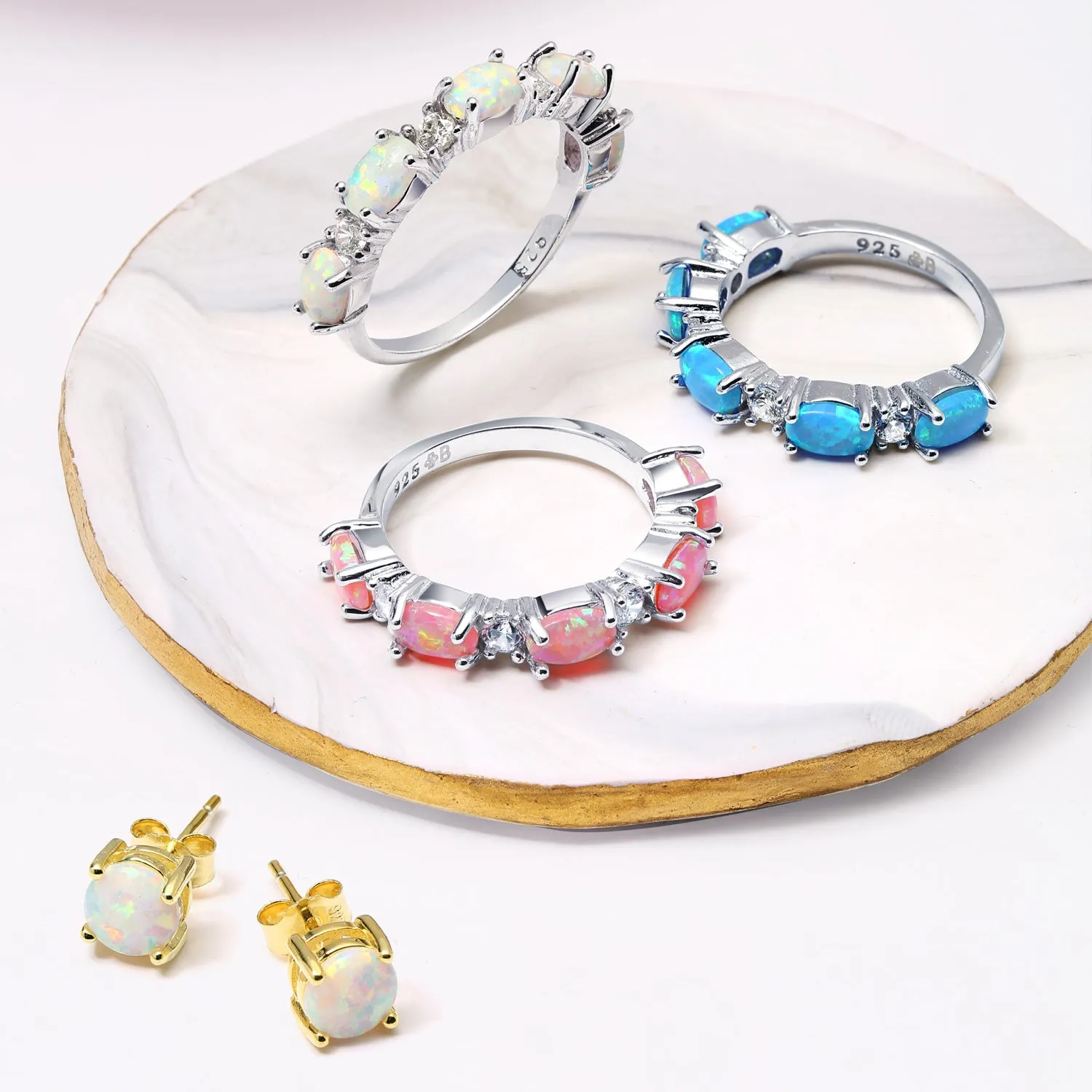 Cocktail Statement Ring Open Leaf CZ Stackable Opal Gold Plated Sterling Silver