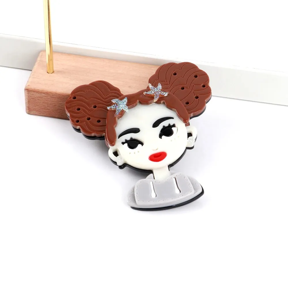 Cute Brown Hair Girl Acrylic Brooches