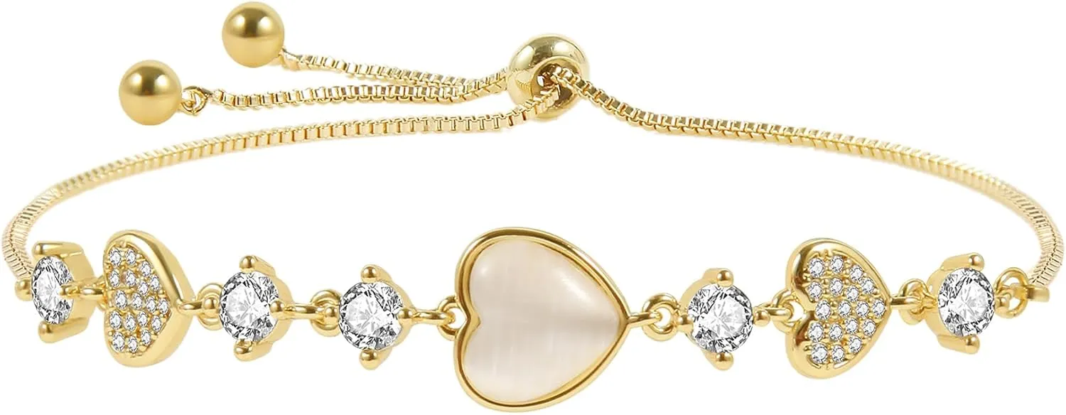 Dainty Adjustable 14K Gold Plated Heart Link Chain Bracelet for Women