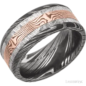 Damascus beveled band with meteorite and mokume inlays - 9MM