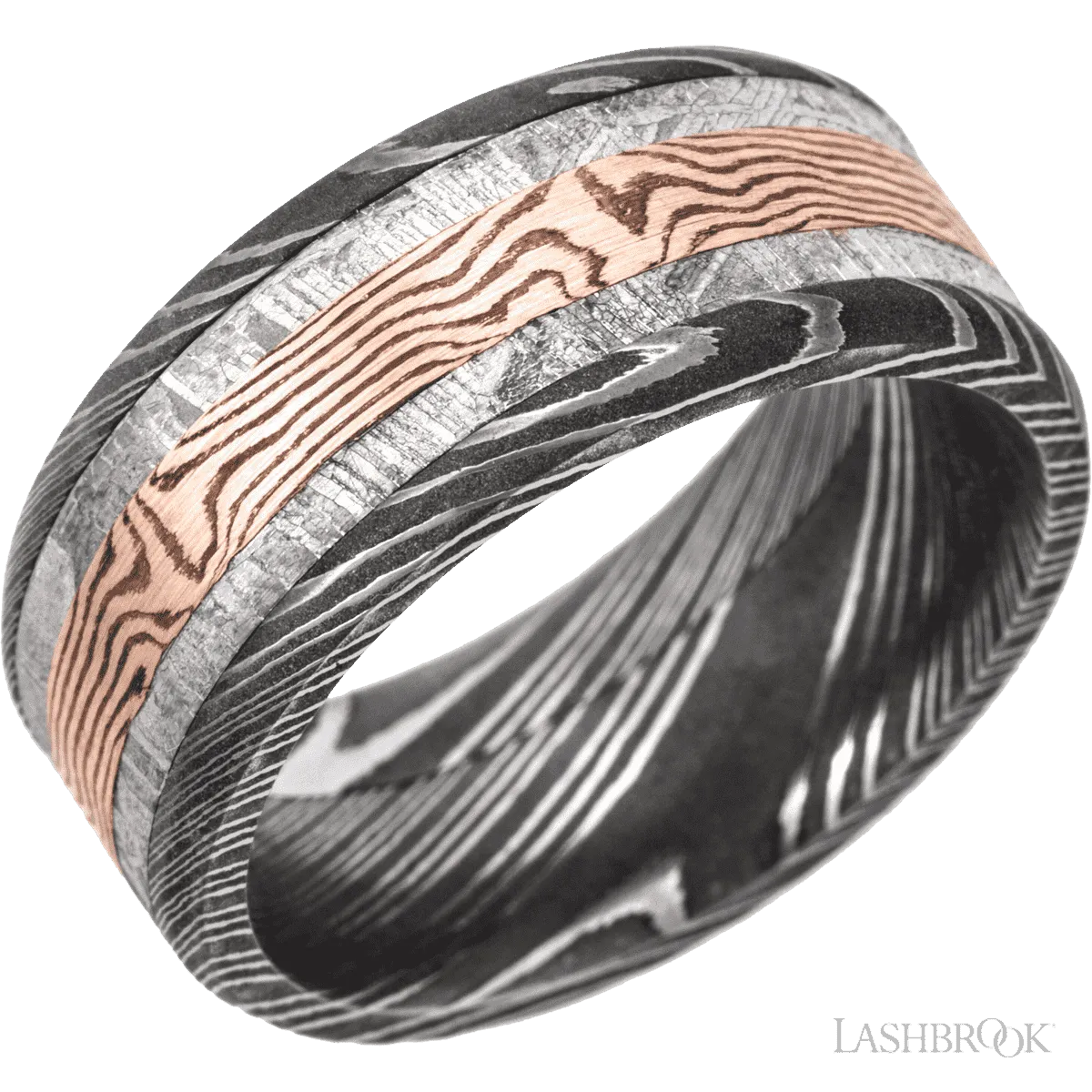 Damascus beveled band with meteorite and mokume inlays - 9MM