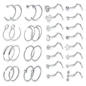 D.Bella Surgical Stainless Steel 20G 8mm Nose Rings Hoop L Shaped Bone Screw Nose Rings Studs 32pcs Nose Piercing Jewelry Set