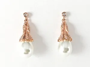 Elegant Bezel CZ Unique Design Pearl Dangle Pink Gold Tone Silver Earrings