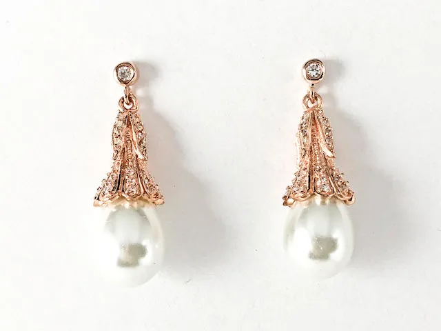 Elegant Bezel CZ Unique Design Pearl Dangle Pink Gold Tone Silver Earrings