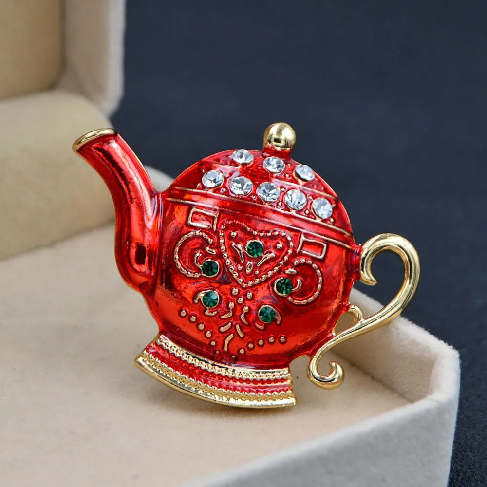 Enamel Teapot Pin Rhinestone Creative Design Fashion Brooches For Women