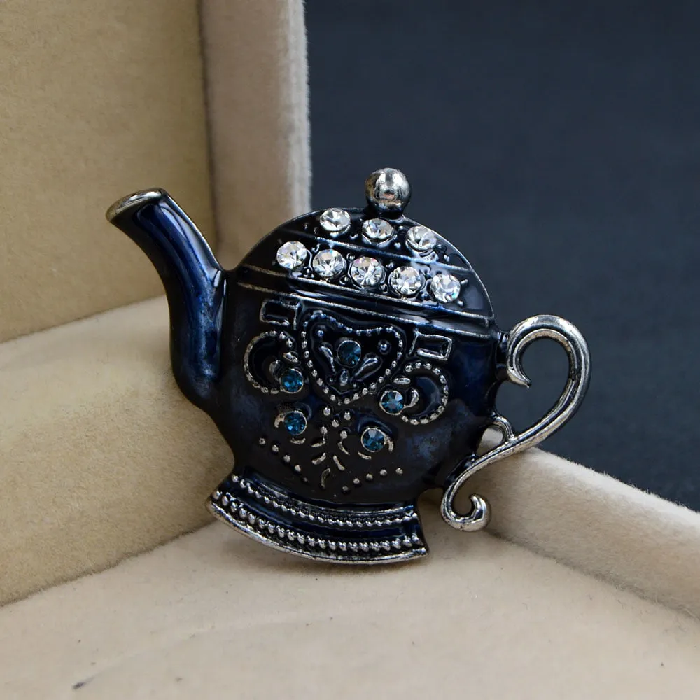 Enamel Teapot Pin Rhinestone Creative Design Fashion Brooches For Women