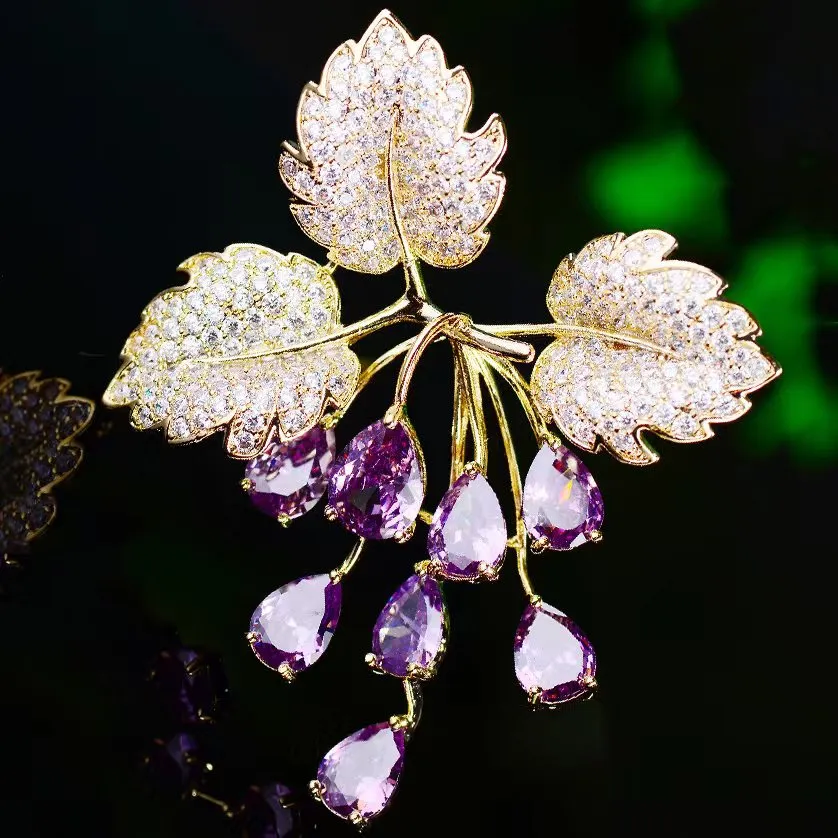 Fashion Grape Copper Inlaid Cubic Zirconia Brooch