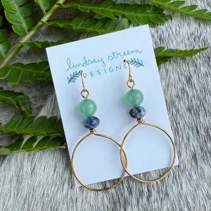 Festival Hoop Earrings - Golden with Blue Sky Jasper & Green Aventurine