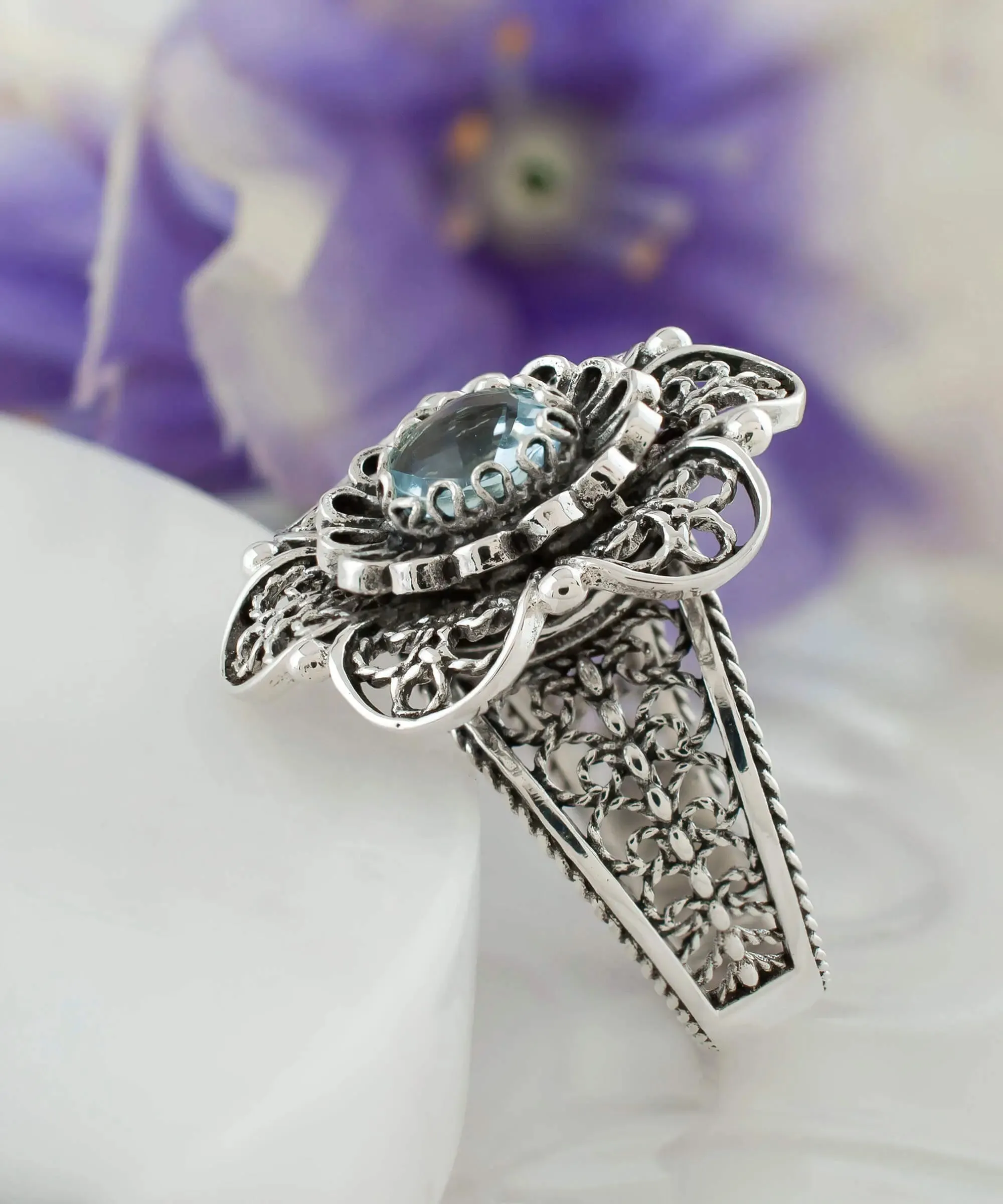 Filigree Art Blue Topaz Gemstone Women Silver Statement Ring