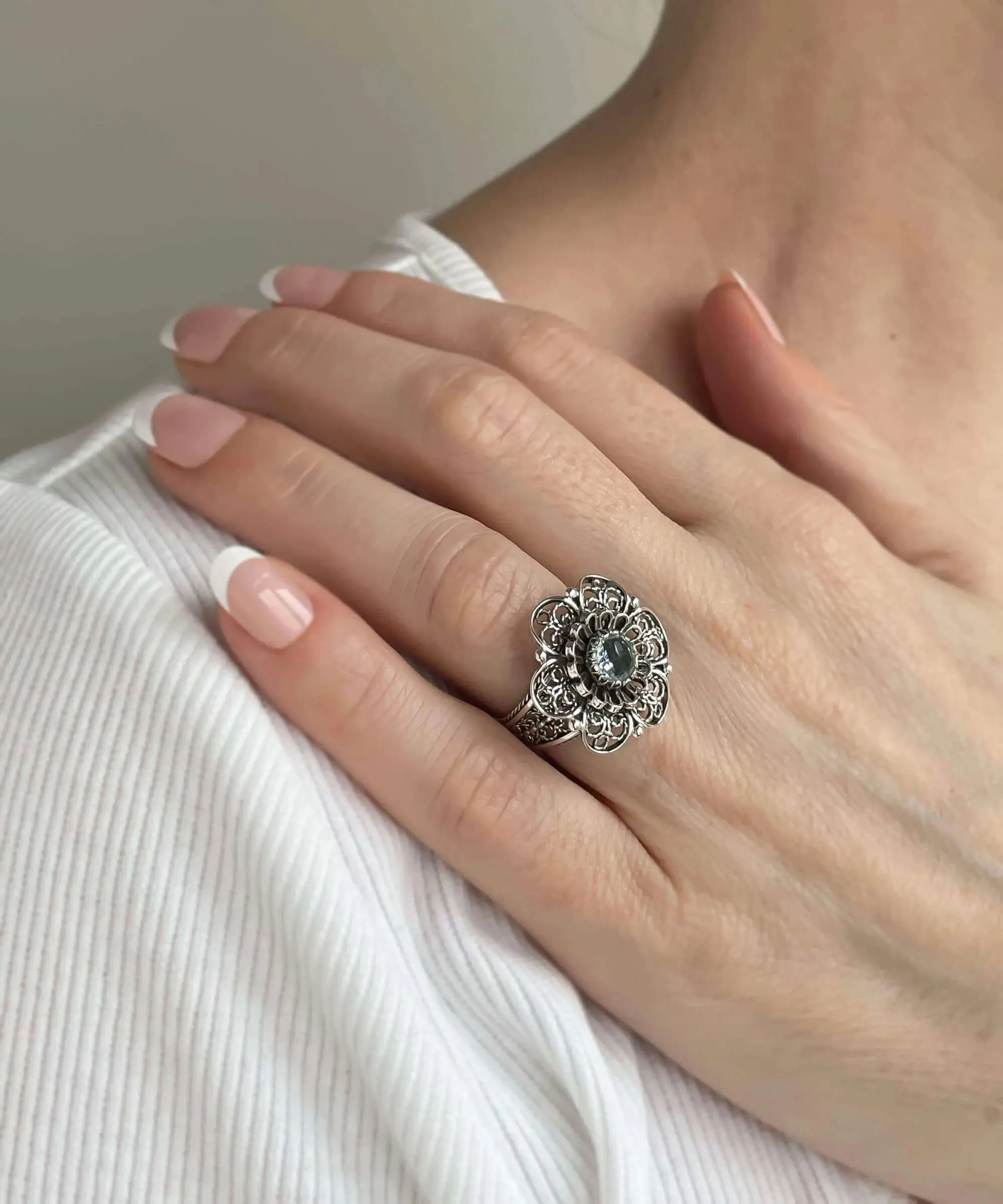 Filigree Art Blue Topaz Gemstone Women Silver Statement Ring