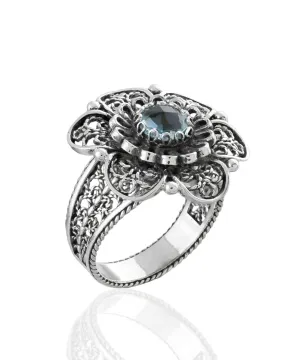 Filigree Art Blue Topaz Gemstone Women Silver Statement Ring