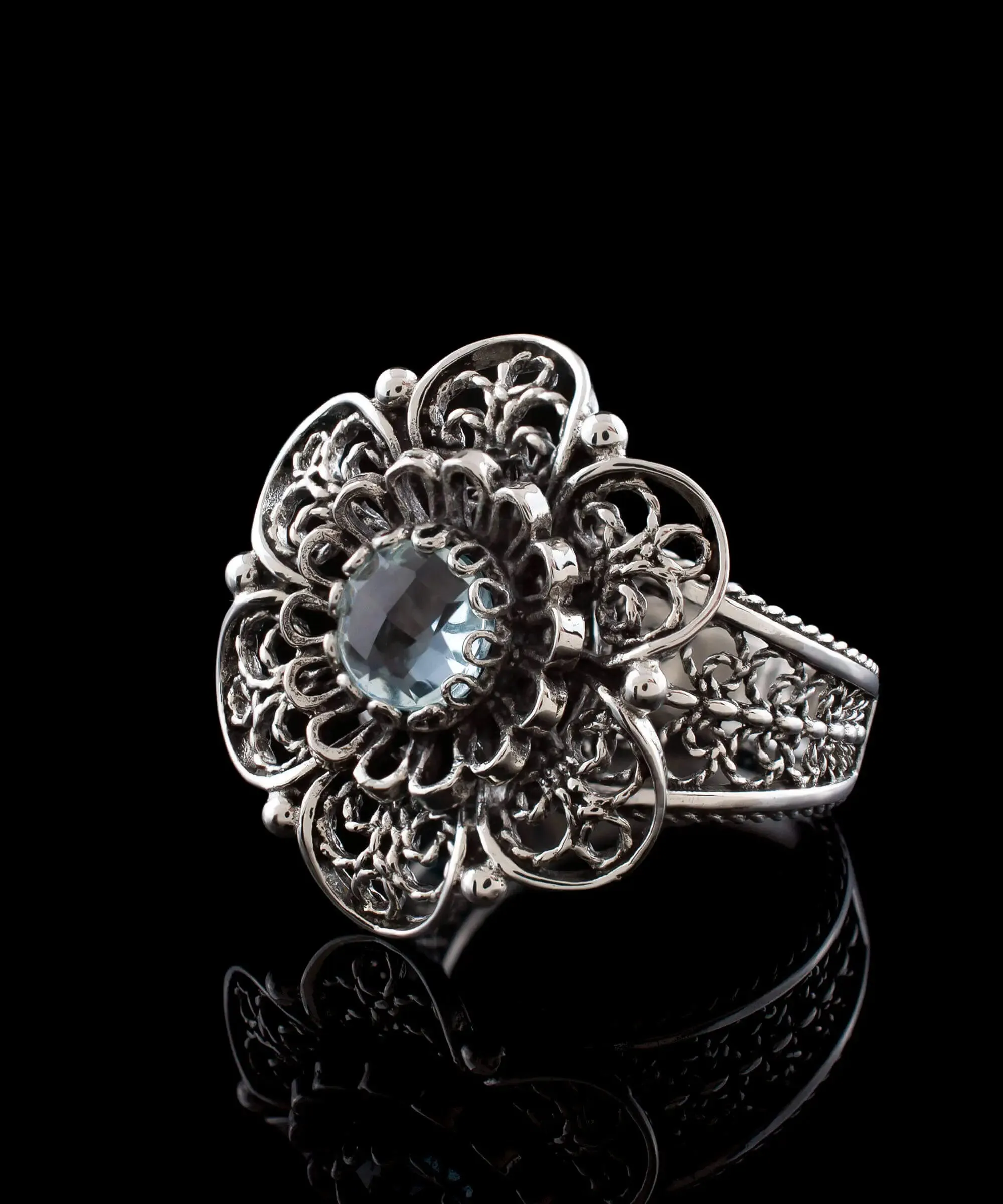 Filigree Art Blue Topaz Gemstone Women Silver Statement Ring