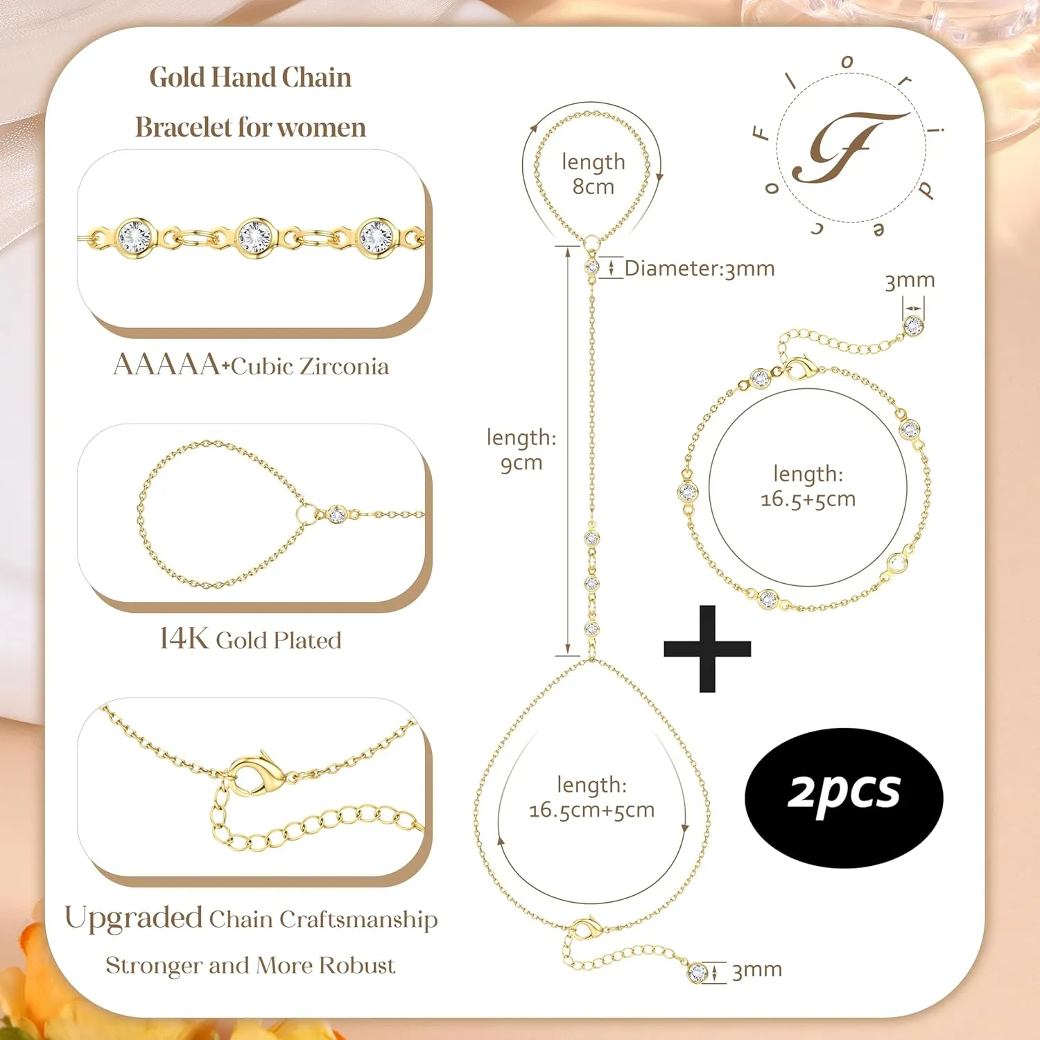 Florideco Gold Hand Chain Bracelets for Women Trendy 2 Piece Adjustable Finger Ring Bracelet Stack Dainty 14K Gold Plated CZ Layered Beaded Hand Chains Jewelry Gifts