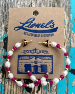 Fresh Water Pearl & Fuchsia Bead Hoop Earrings