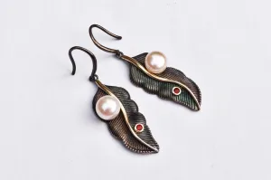 Fresh Water Pearl Earrings Leaf Dangling Oxidized Sterling Silver Garnet Jewelry 1.92" 8.7 gram
