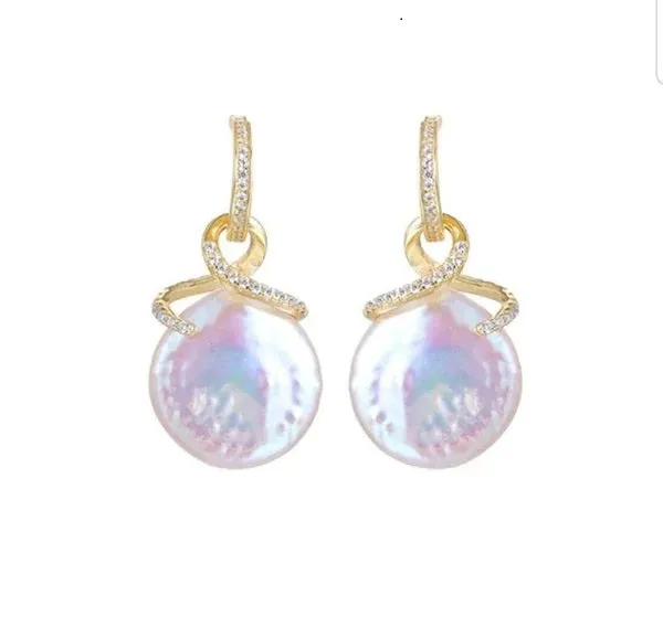 Genuine Fresh water Pearl Coin Zirconite Earrings. 810E12