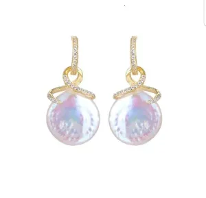 Genuine Fresh water Pearl Coin Zirconite Earrings. 810E12