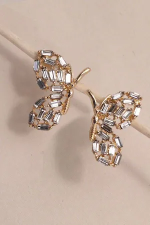 Gold Butterfly Baguette Rhinestone Earrings