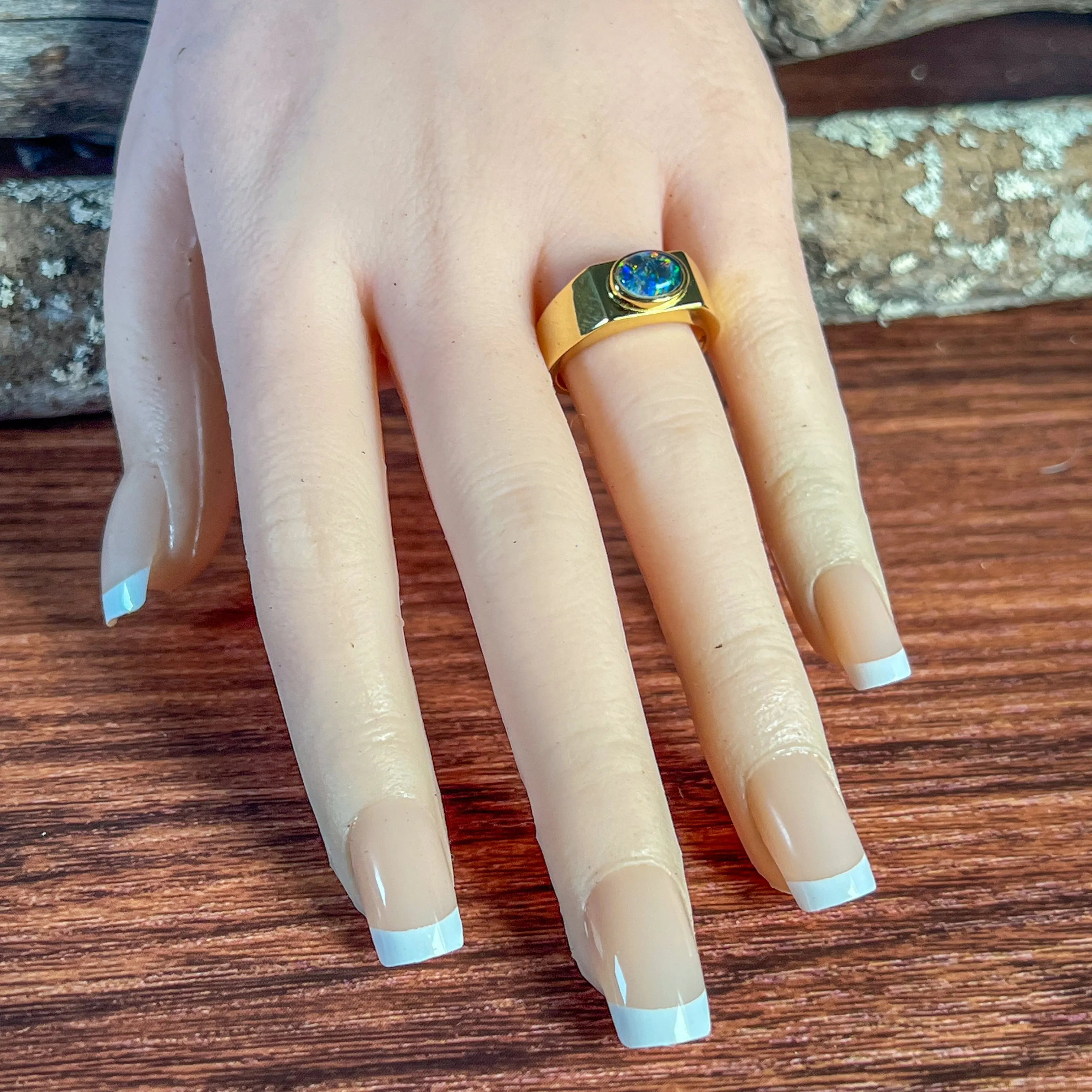 Gold plated Sterling Silver 8x6mm horizontal set Opal triplet rectangular shape ring