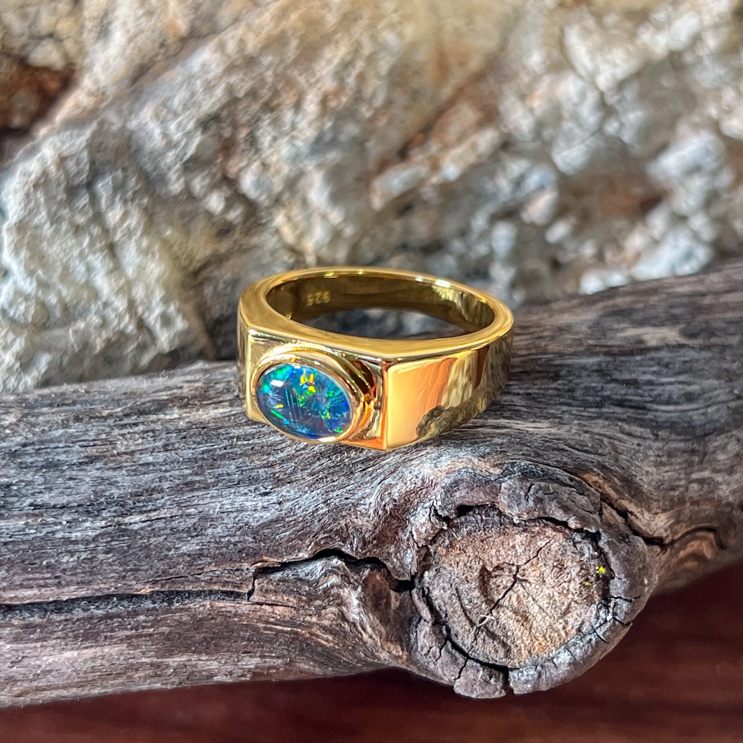 Gold plated Sterling Silver 8x6mm horizontal set Opal triplet rectangular shape ring