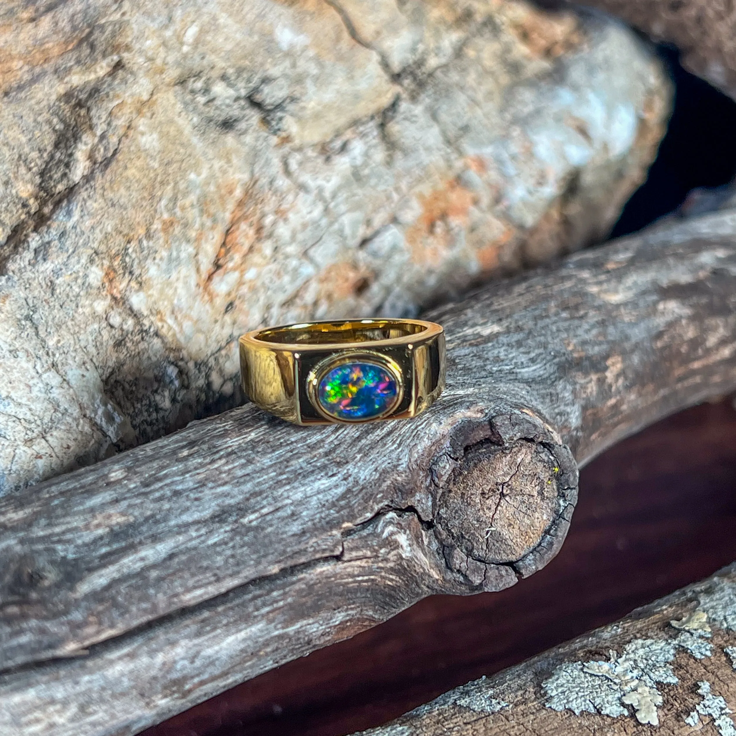 Gold plated Sterling Silver 8x6mm horizontal set Opal triplet rectangular shape ring
