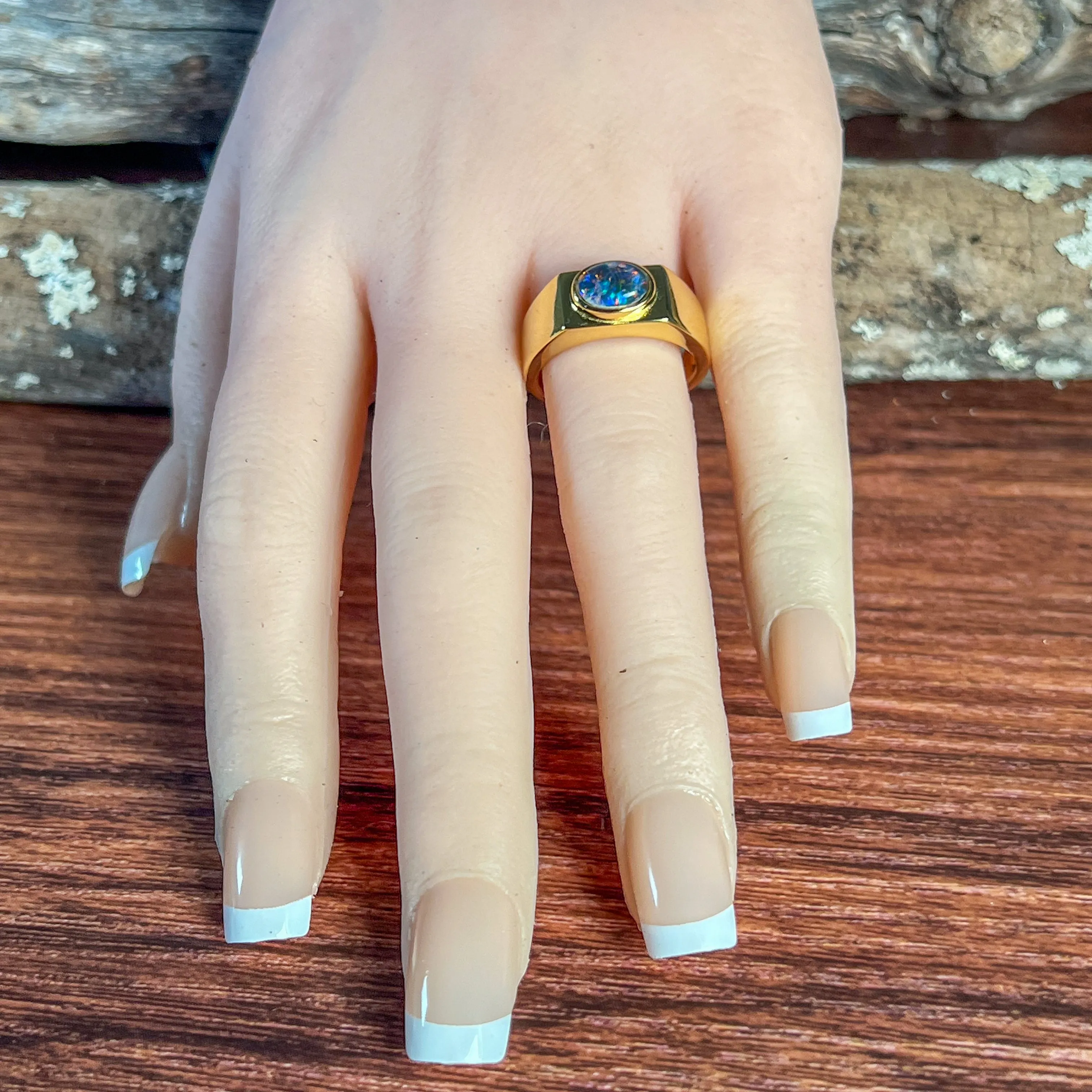 Gold plated Sterling Silver 8x6mm horizontal set Opal triplet rectangular shape ring
