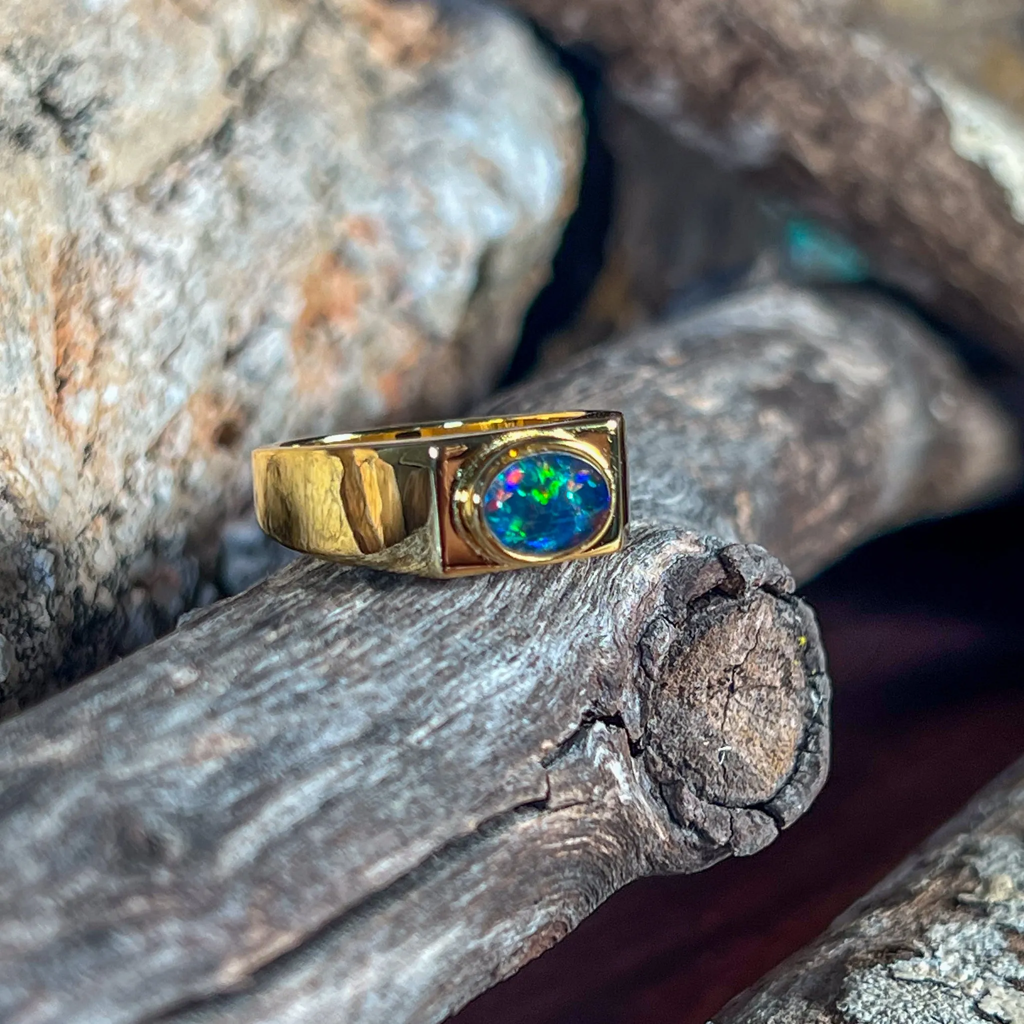 Gold plated Sterling Silver 8x6mm horizontal set Opal triplet rectangular shape ring