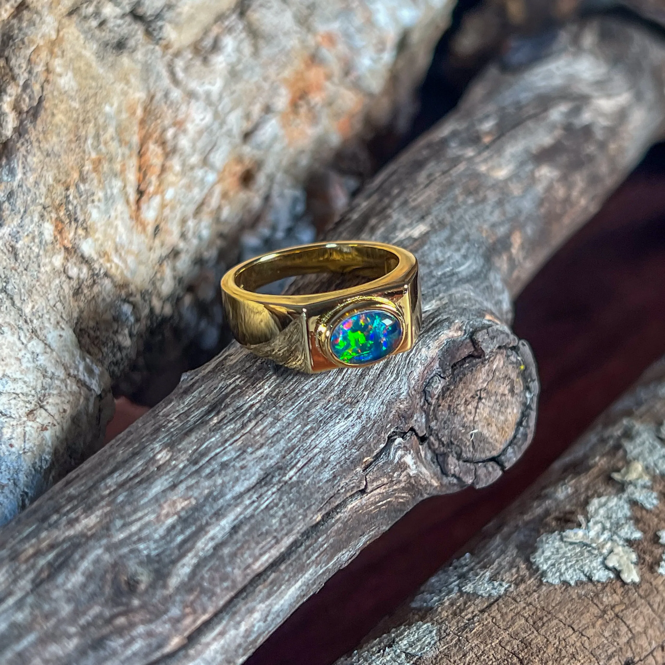 Gold plated Sterling Silver 8x6mm horizontal set Opal triplet rectangular shape ring
