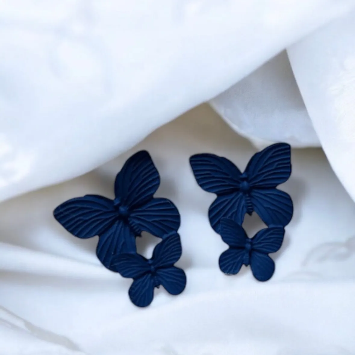 Golden butterfly wings stud earrings | navy blue stud earrings | flying butterflies statement | summer spring garden style