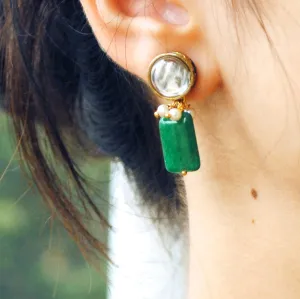 Green Glass Stone Kundan Earrings