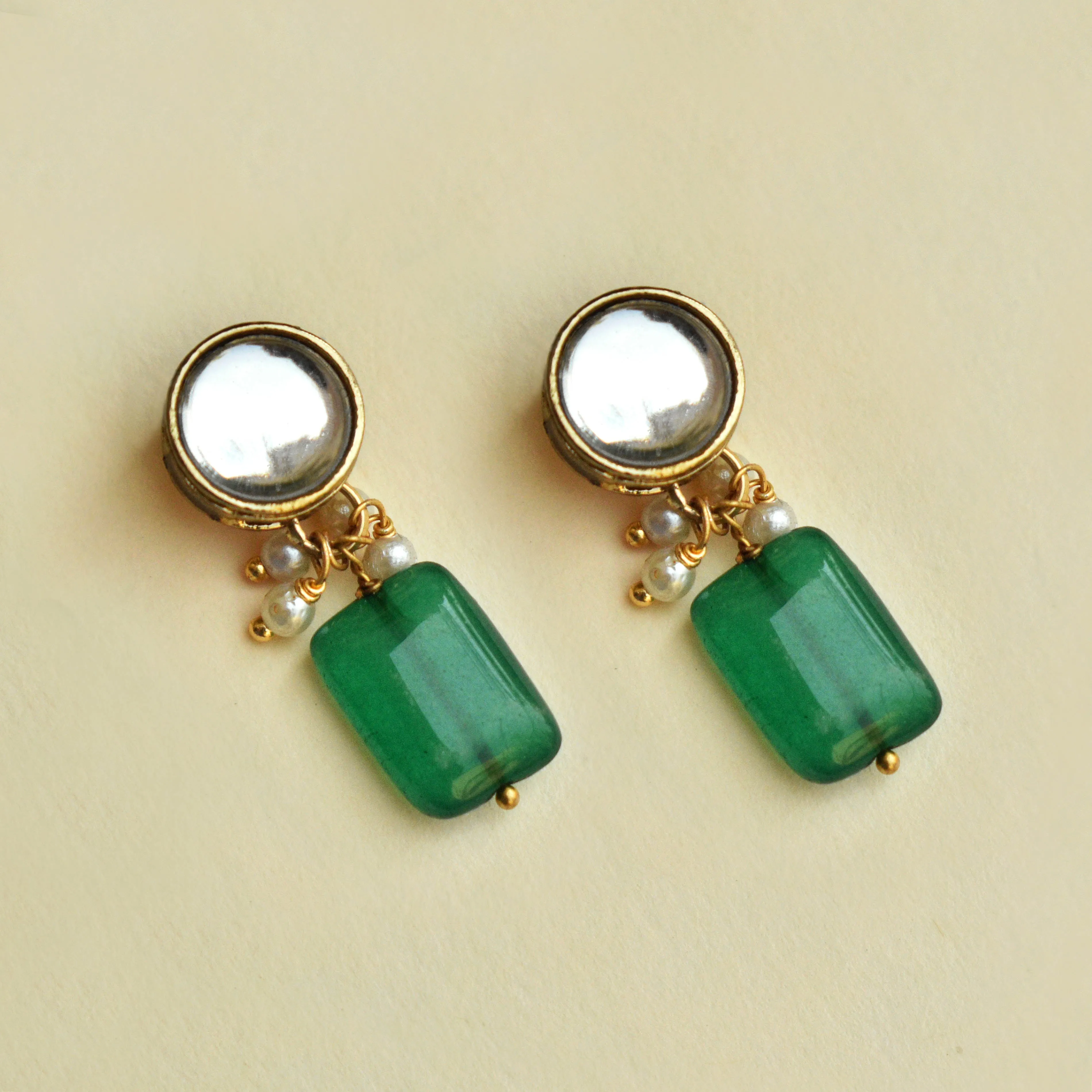 Green Glass Stone Kundan Earrings