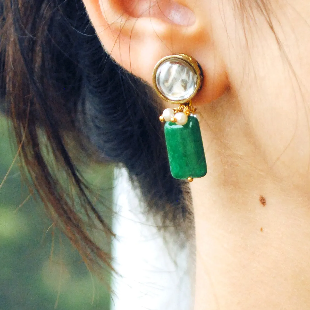 Green Glass Stone Kundan Earrings