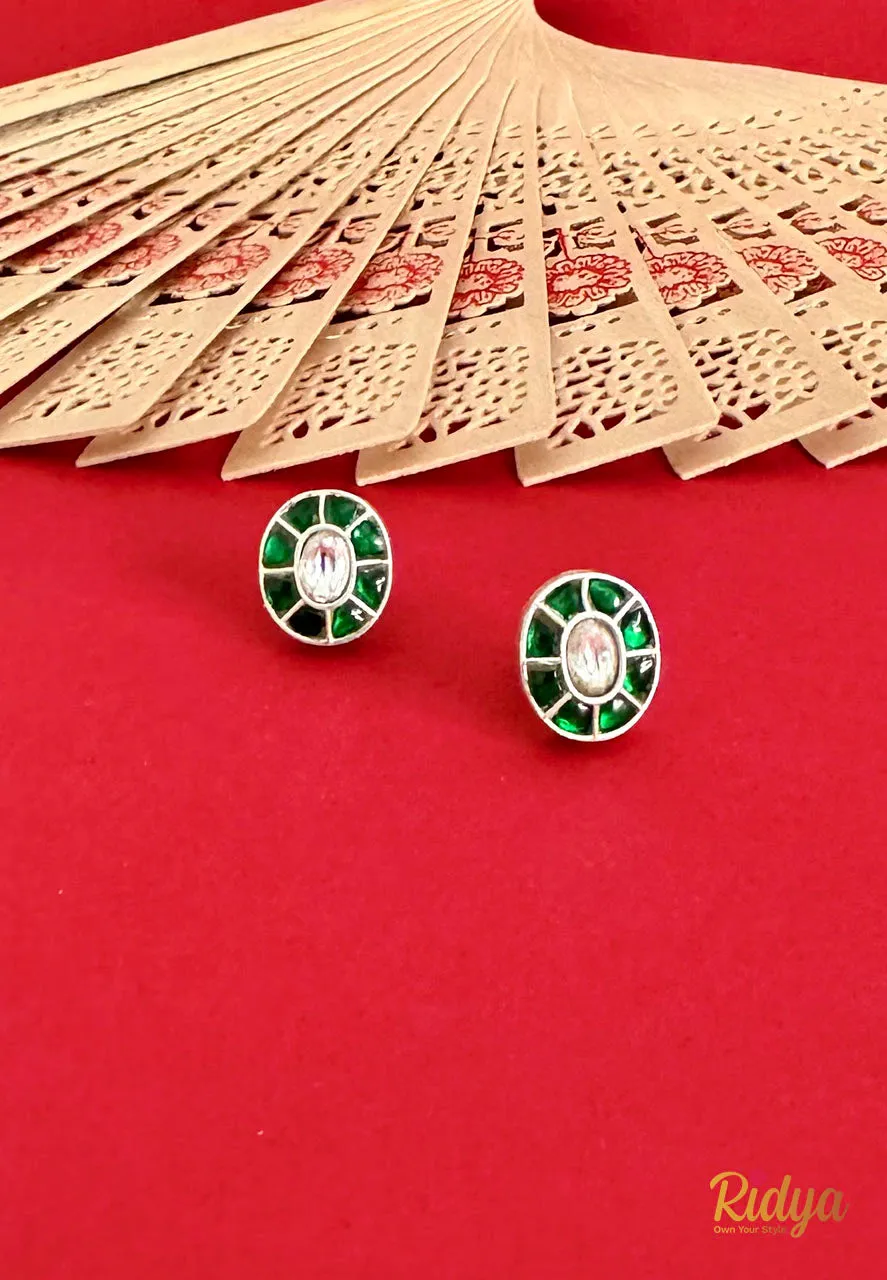 Green Kundan Work Stone Oval Stud Earrings