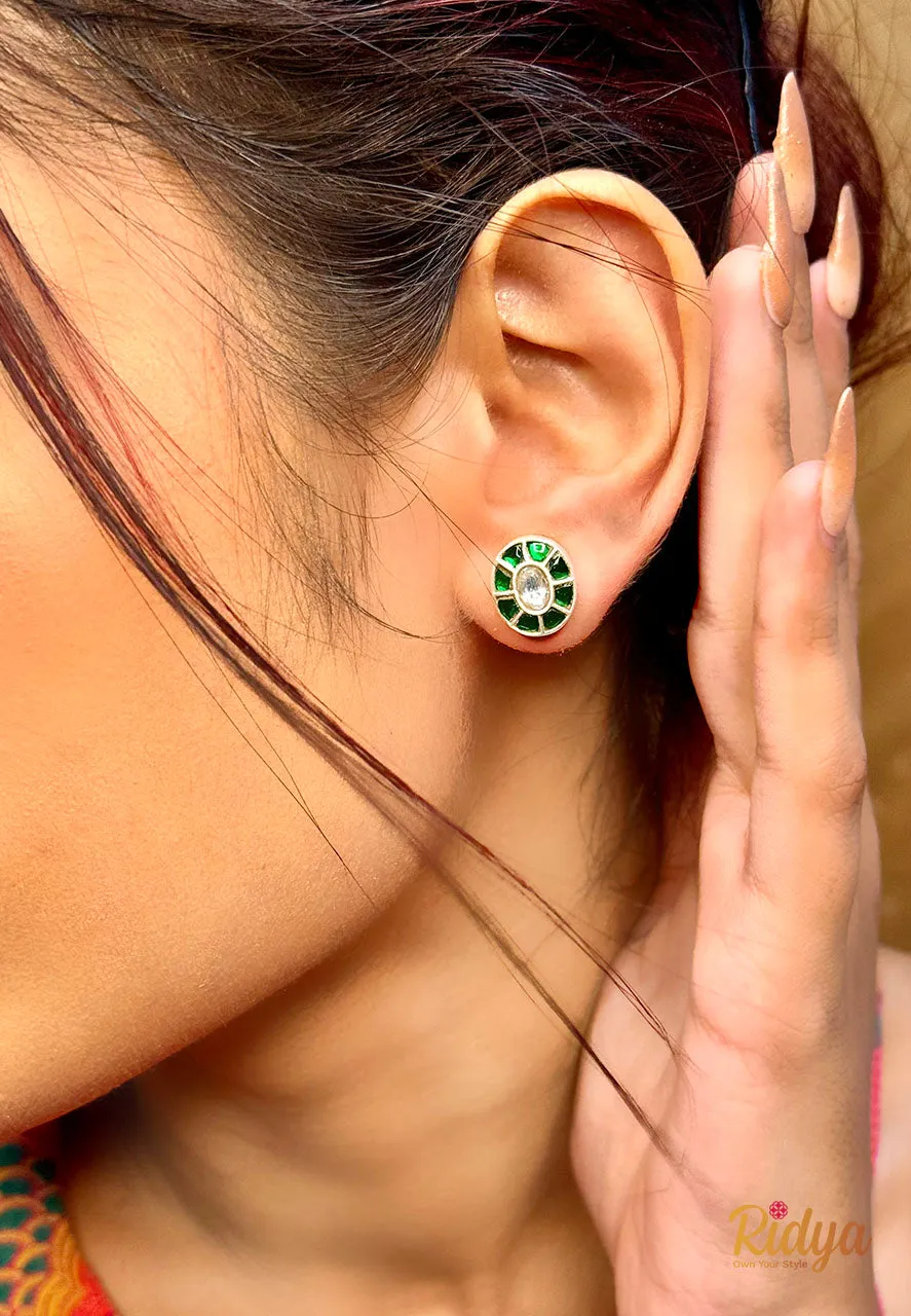 Green Kundan Work Stone Oval Stud Earrings
