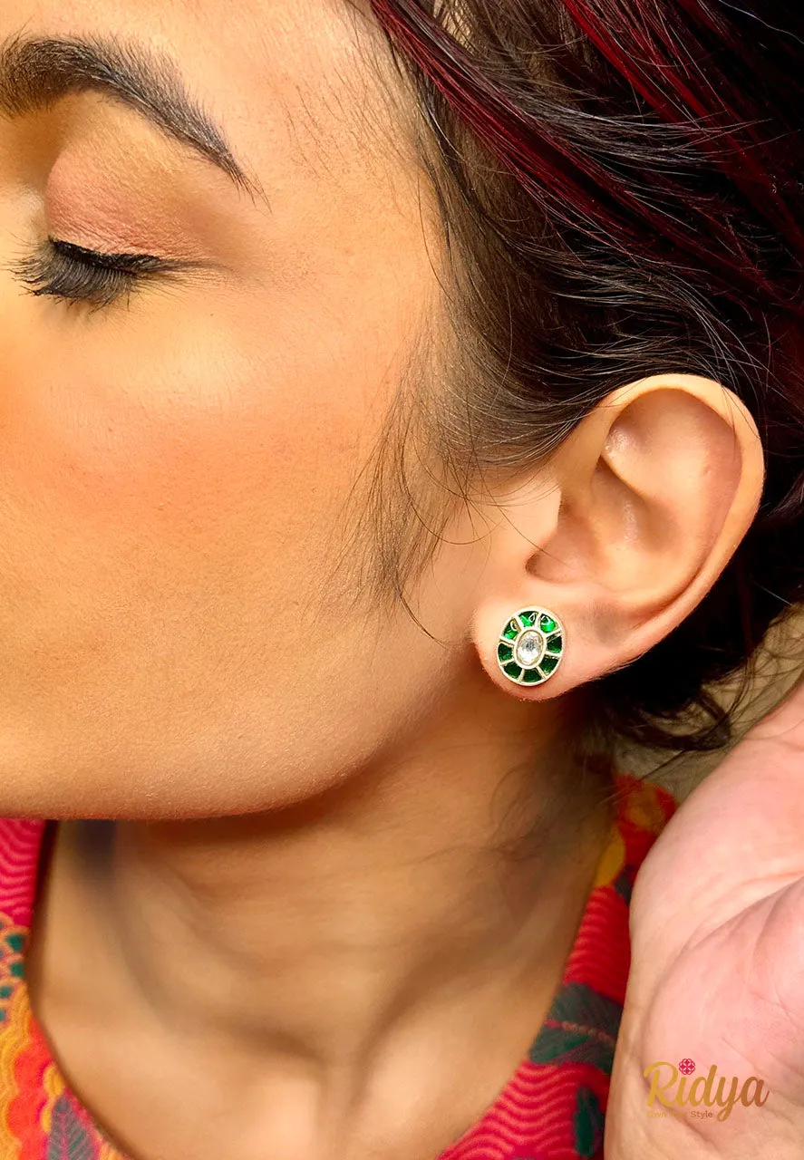 Green Kundan Work Stone Oval Stud Earrings