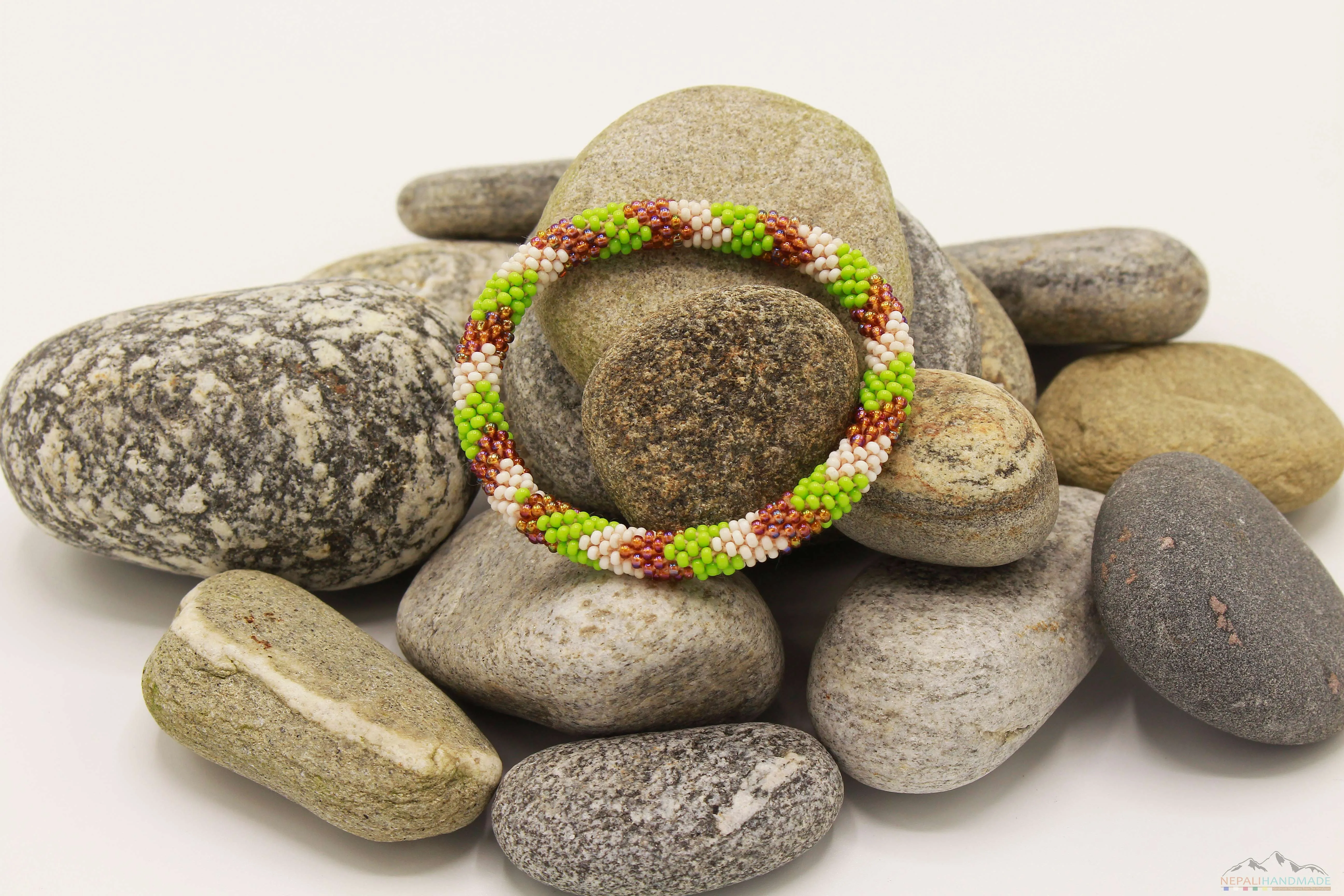 Green, White & Brown Glass Beads Roll On Bracelet