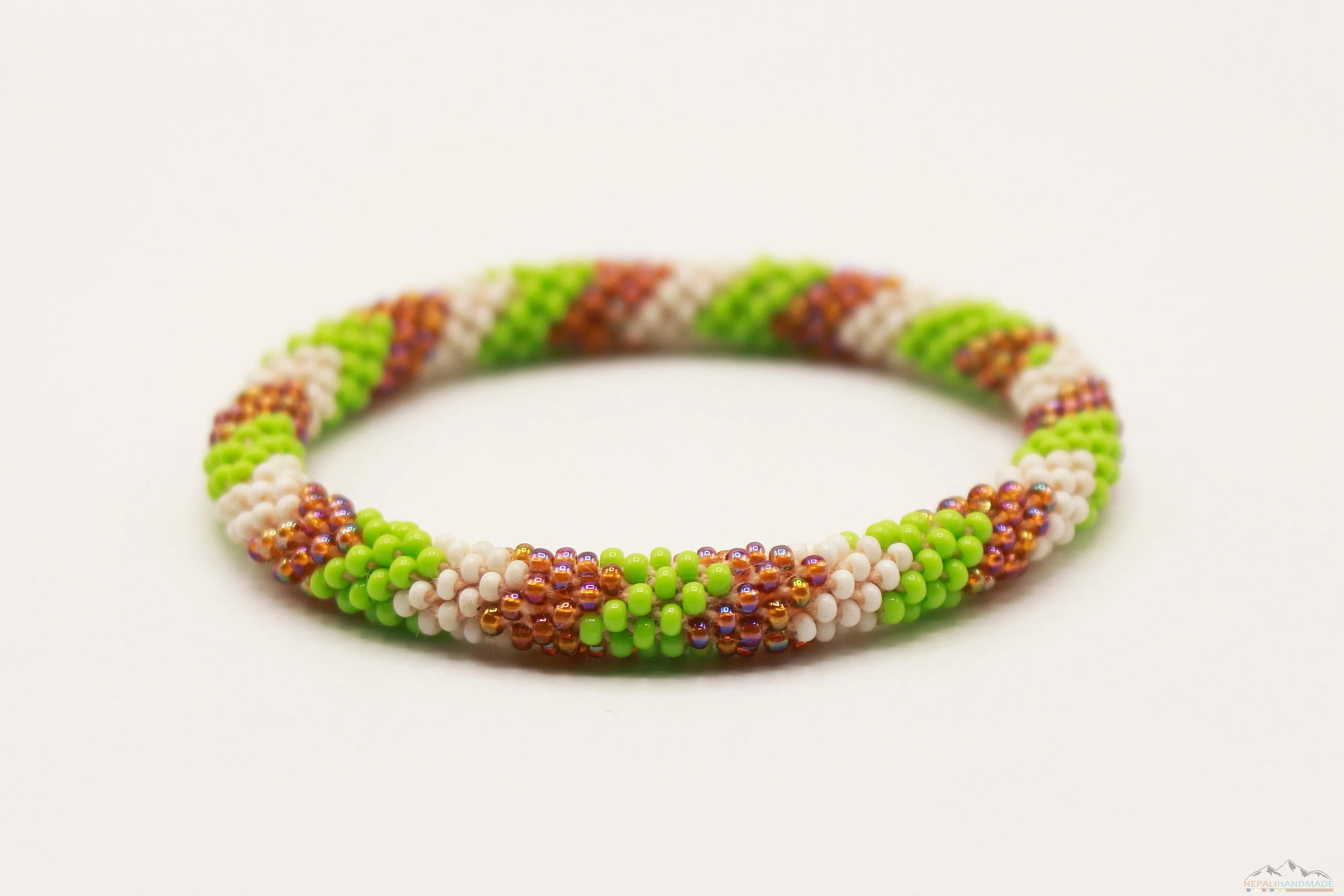 Green, White & Brown Glass Beads Roll On Bracelet