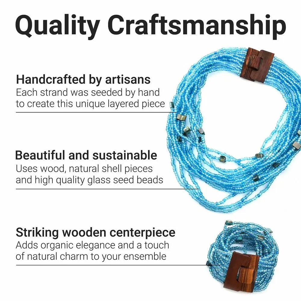 Handmade Blue Seed Bead Boho Costume Jewelry Set for Women Stretchable Beaded Bracelet Statement Necklace Multi Strand Layered Wooden Buckle Clasp Size 18" & 6.5" to 7.5" Birthday Mothers Day