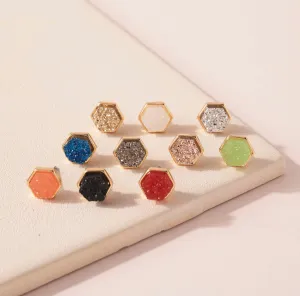 Hexagon Druzy Stone Stud Earrings- 6 colors