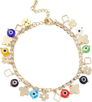 HEYu jewelry Evil Eye Bracelets for Women, 14K Plated Gold Lucky Protection Evil Eye Link Bracelet with Four-Leaf Clover Spiritual Protection Bracelet Christmas Birthday Gifts for Women