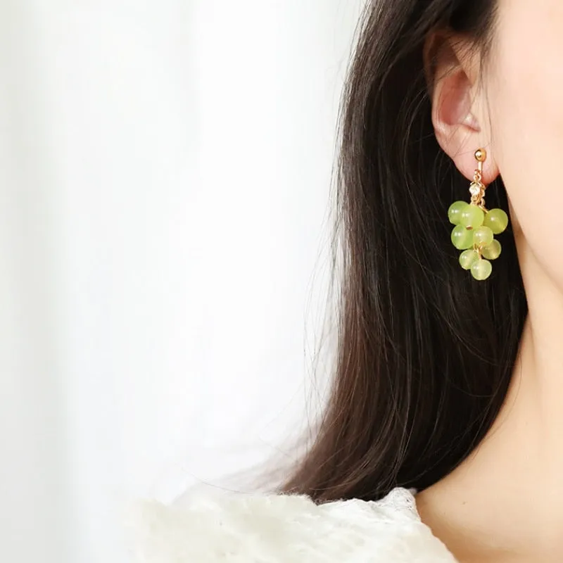 Japanese Style Girls fresh Green Grapes Bunch Clip on Earrings