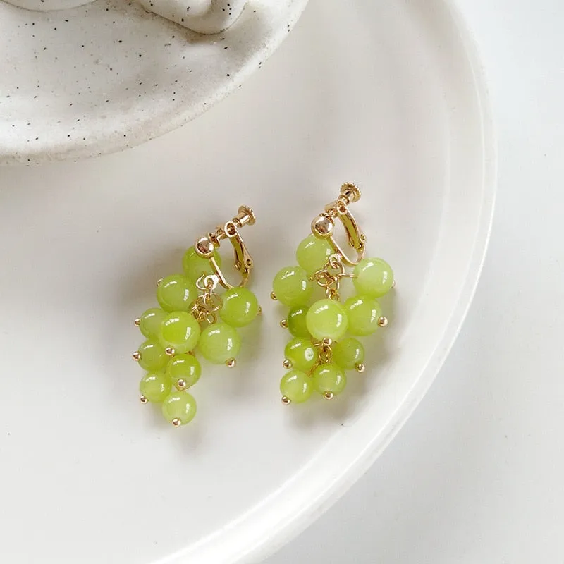 Japanese Style Girls fresh Green Grapes Bunch Clip on Earrings