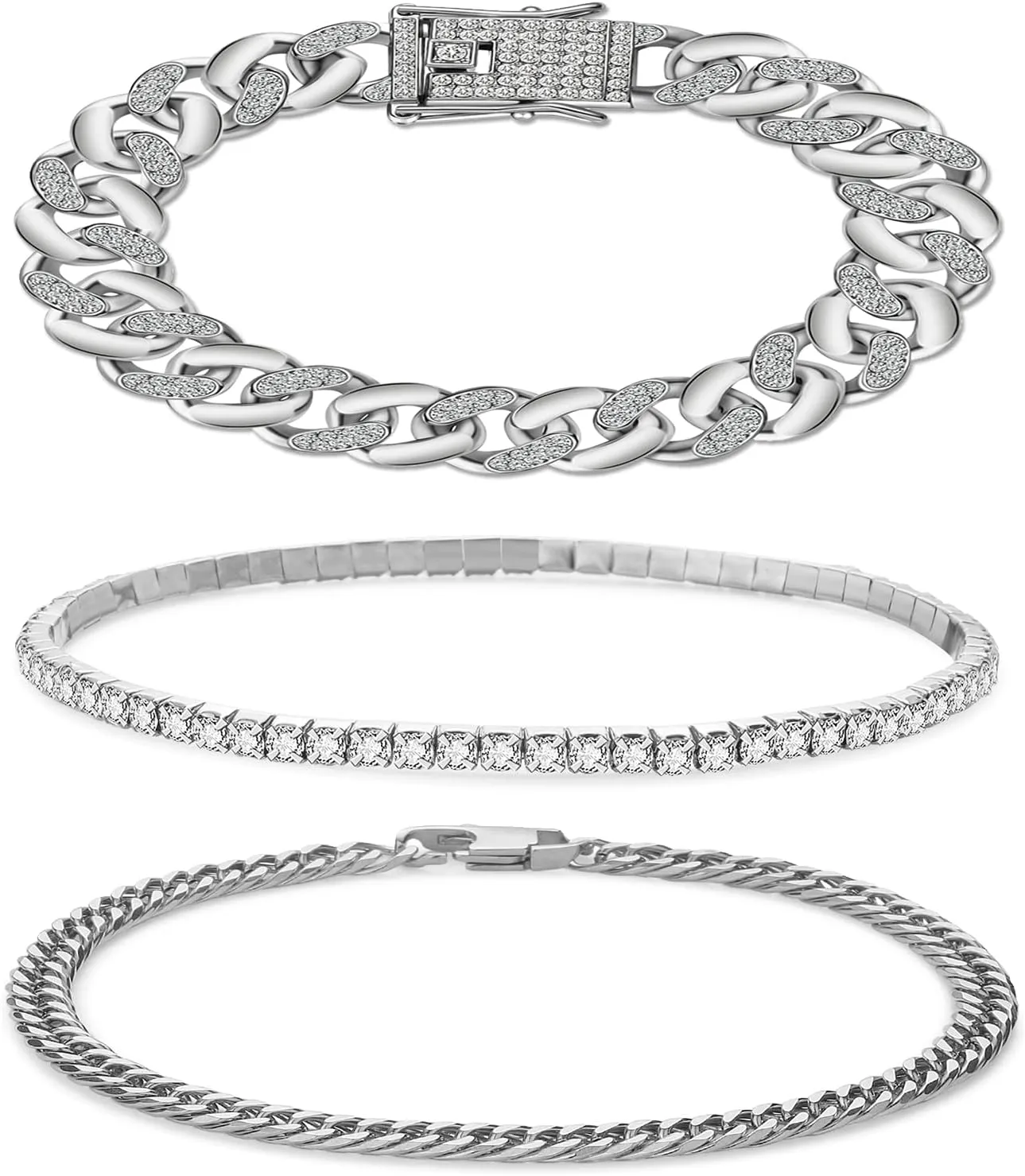 JUNVirtuous 3 Pieces Bracelets Set for Women Cuban Link Chain Ankle Bracelets Silver/Gold Bling Diamond Hip Hop Jewelry Gift for Men and Women